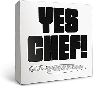 OFlich Yes Chef Wooden Box Kitchen Signs,Funny Chef Kitchen Decor, Black and White Decorations for Countertops, 5x5 Inches