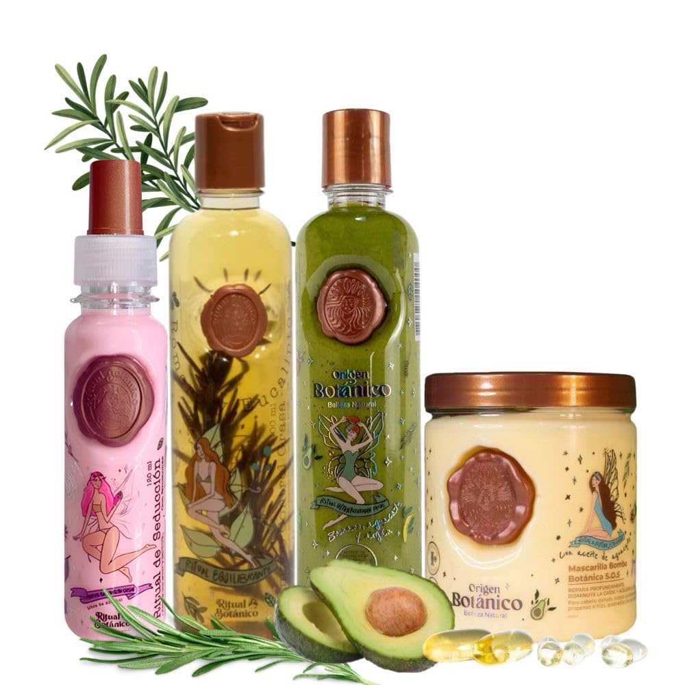 Origen Botanico Shampoo Romero, Acondicionador Intensivo Plex y Mascarilla bomba capilar Origen botanico y termoprotector (4 Pack) Origen Botanico Botanical Shampoo and Conditioner and mask
