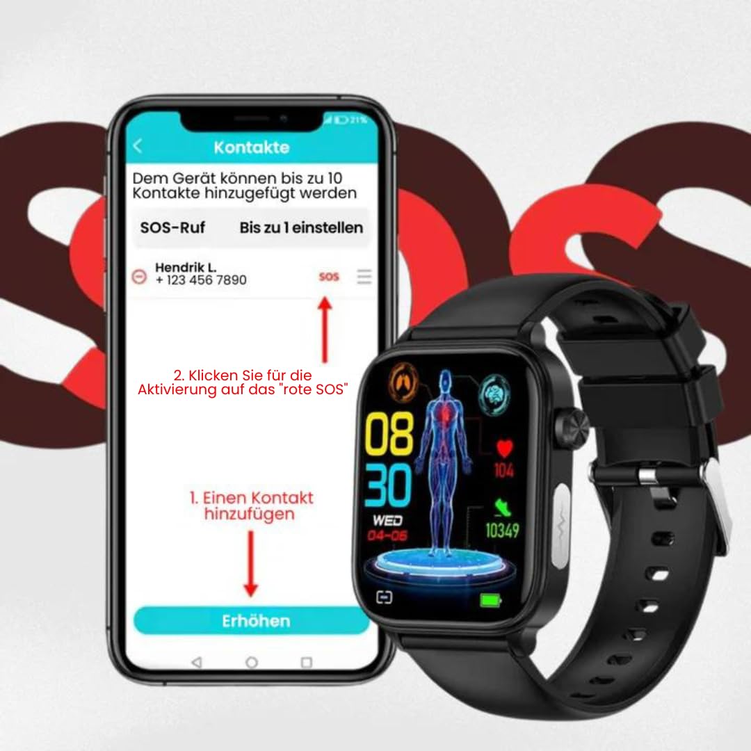GlucoCare SOS - Original Smartwatch mit SOS-Notruf, automatischer Sturzerkennung, 24/7 Gesundheitsüberwachung und Aktivitäts-Tracking für Senioren - Sicherheit und Komfort vereint