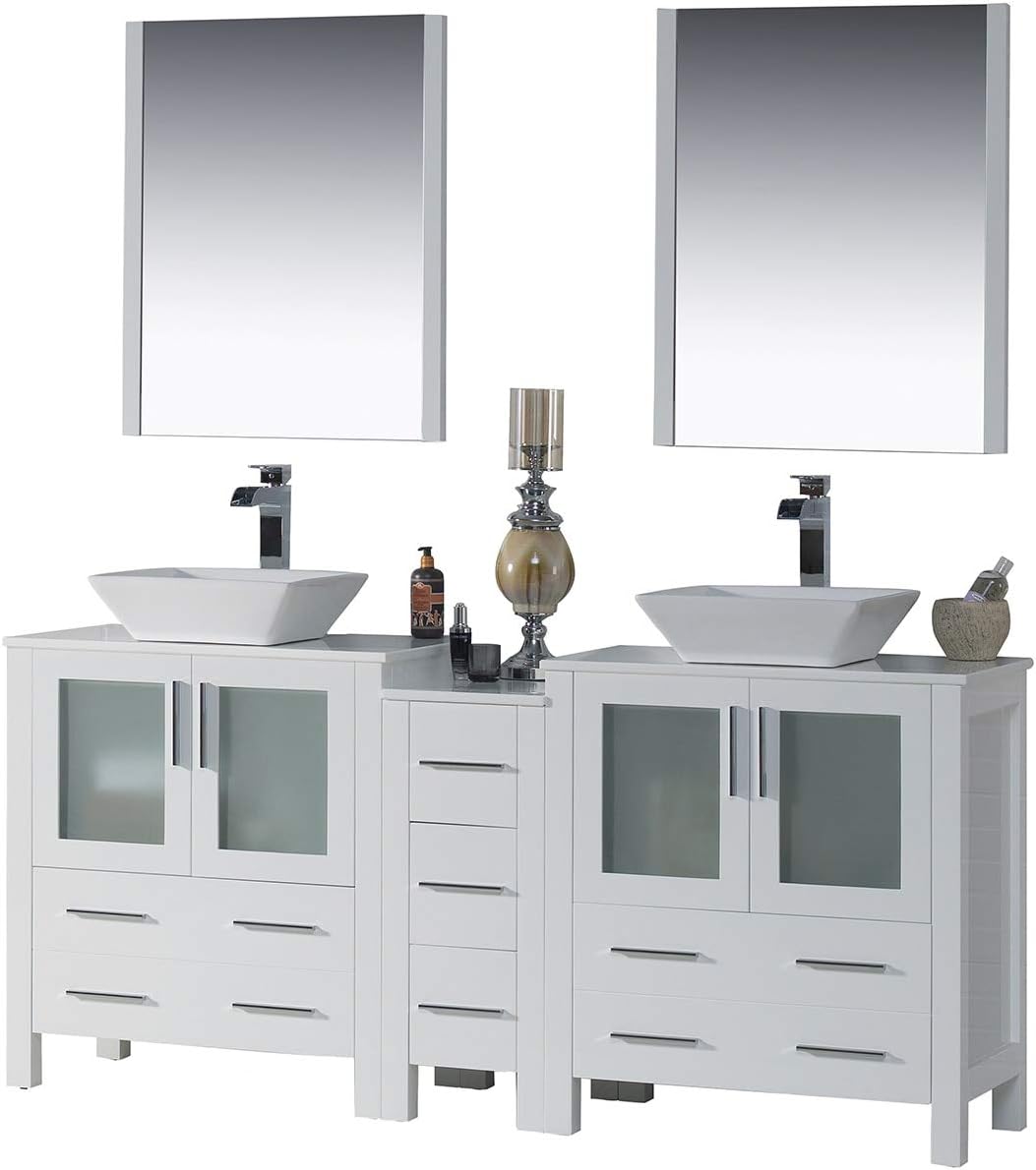 Blossom 72 inch Bathroom Vanity Double Sink Solid Wood - Glossy White Double Vanity with Vessel Sinks, Side Cabinet & Mirrors - Luxury 72” Master Vanity with Soft Close Drawers - Pre-Assembled