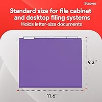 Vista 3 de Staples Carpetas colgantes para archivos, tamaño carta, morado, pestañas de corte 1/5, resistentes al desgarro, incluye pestañas e insertos