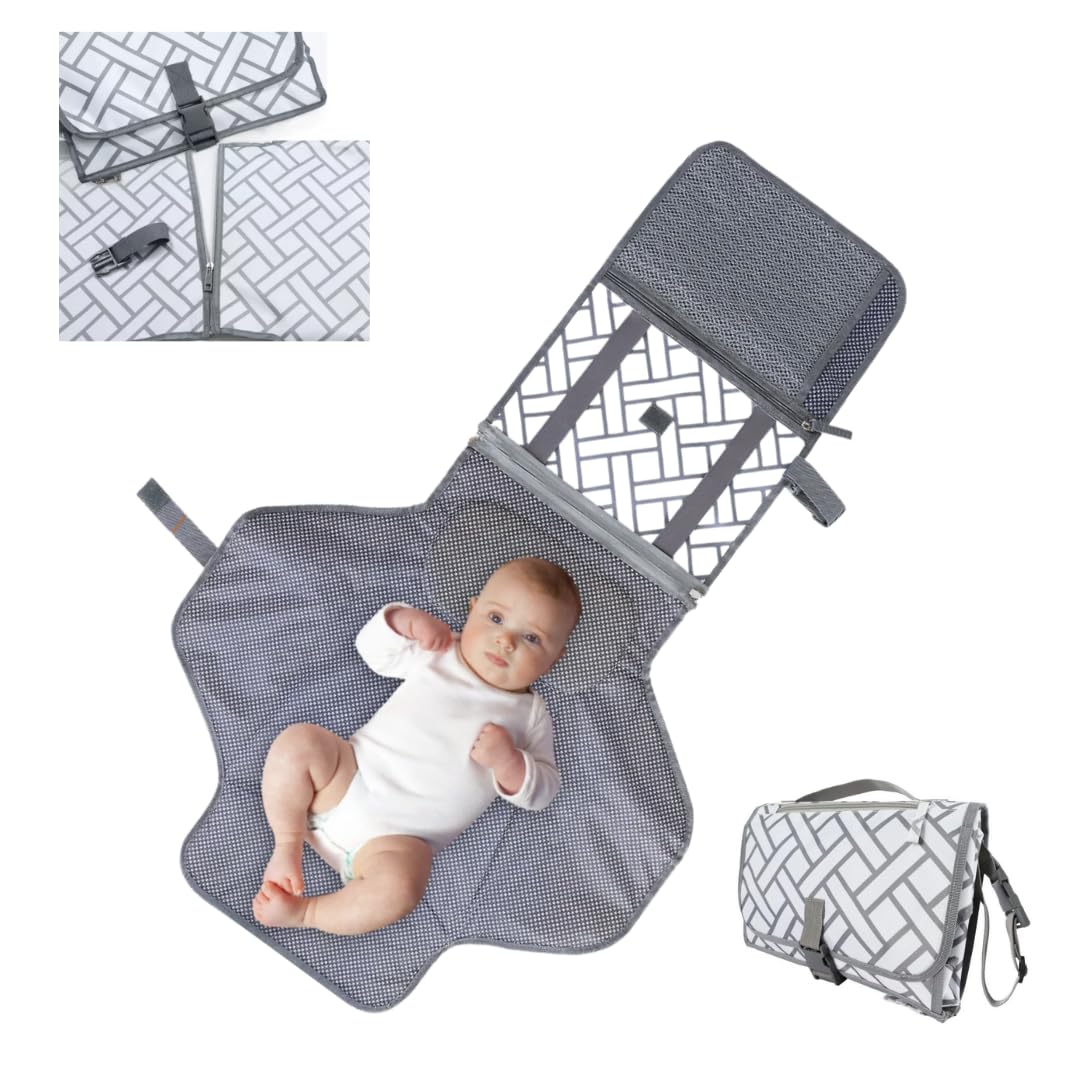 Portable Baby Changing Mat for Travel, Waterproof Foldable Nappy Changing Pad with Padded Head Cushion