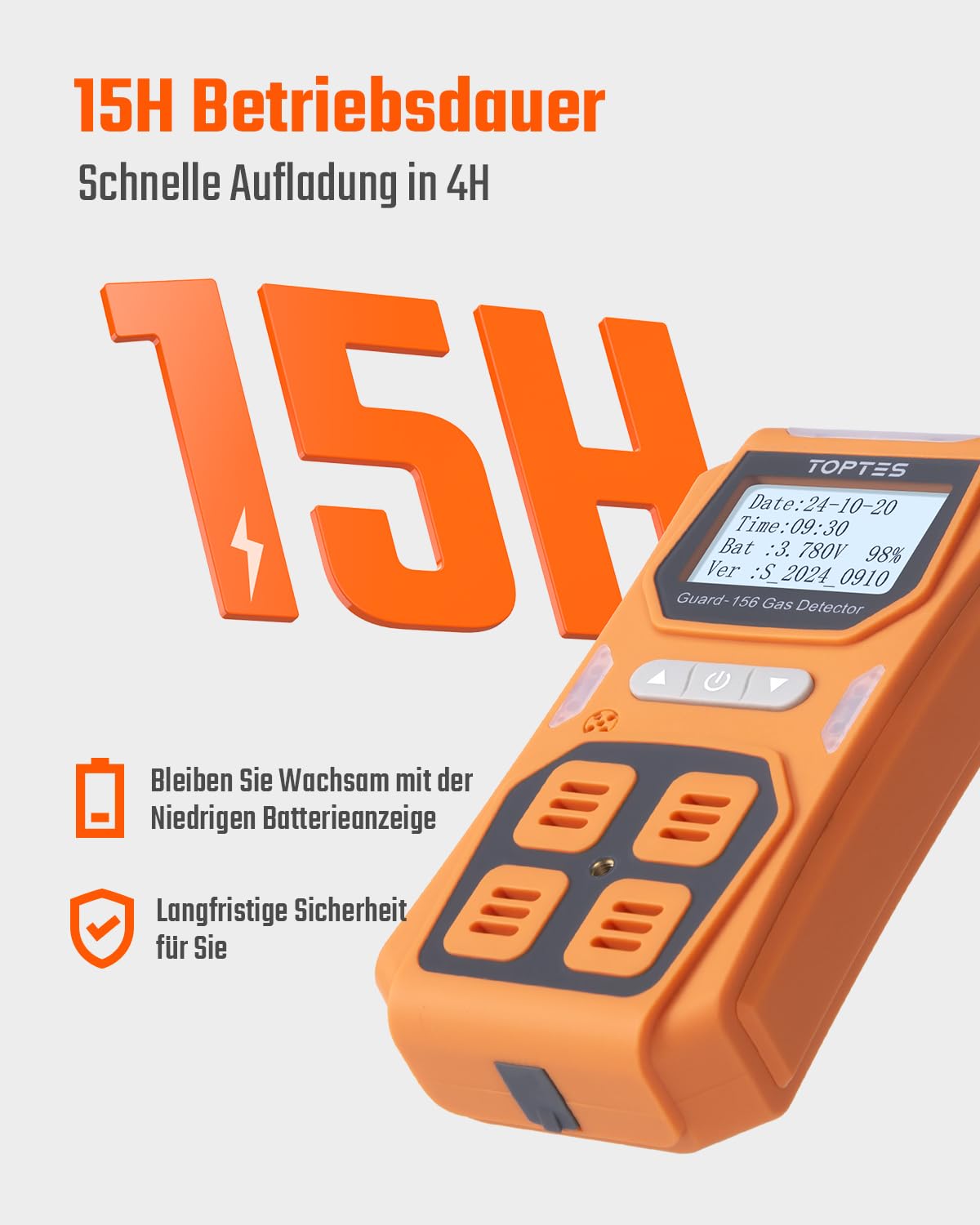TopTes Guard-156 Gasmelder, 4 Gasmelder Für H2S, CO, LEL und O2, mit 3 Alarmmodi (visuell, Vibration, Ton), 0,5s Schnellreaktion, Staub- und explosionsgeschütztes Design, ideal für Arbeit und Zuhause