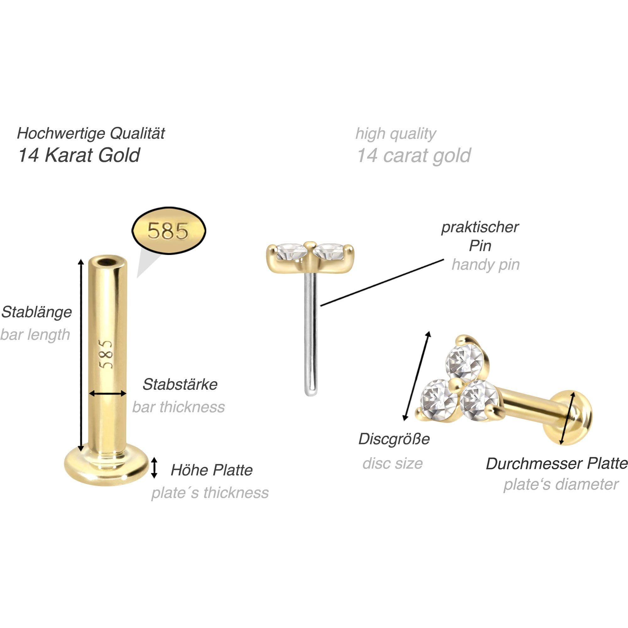 PIERCINGLINE Piercing Stecker 14 Gold Labret mit Push Fit MOISSANIT-BLUME 585er Gold - Roségoldfarben, Goldfarben, Silberfarben