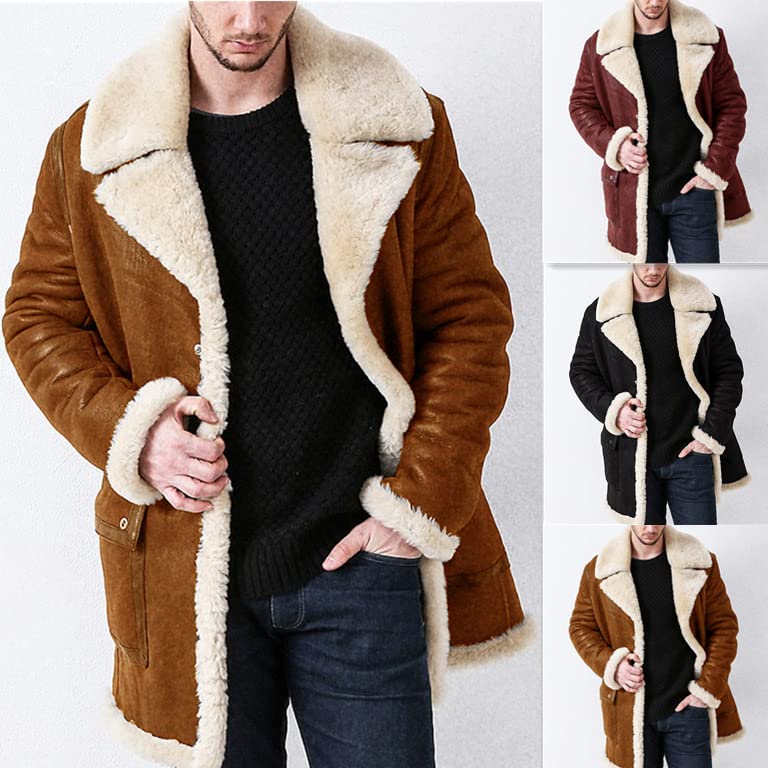 SXHEYUY Chaqueta Piel Oveja Vintage para Hombre Forro Polar Piel Sintética Borreguito Engrosar Abrigo Cálido De Invierno Ropa De Abrigo