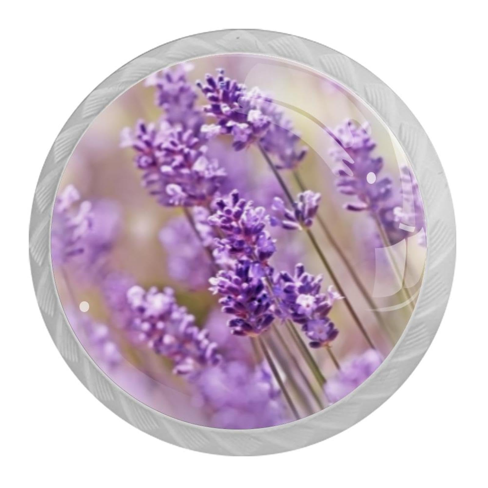 Tqmspg 4 Pieces Drawer Pulls Violet Lavenders Flowers Door Knobs Dresser Handles for Kitchen Wardrobe Cupboard Hardware Furniture