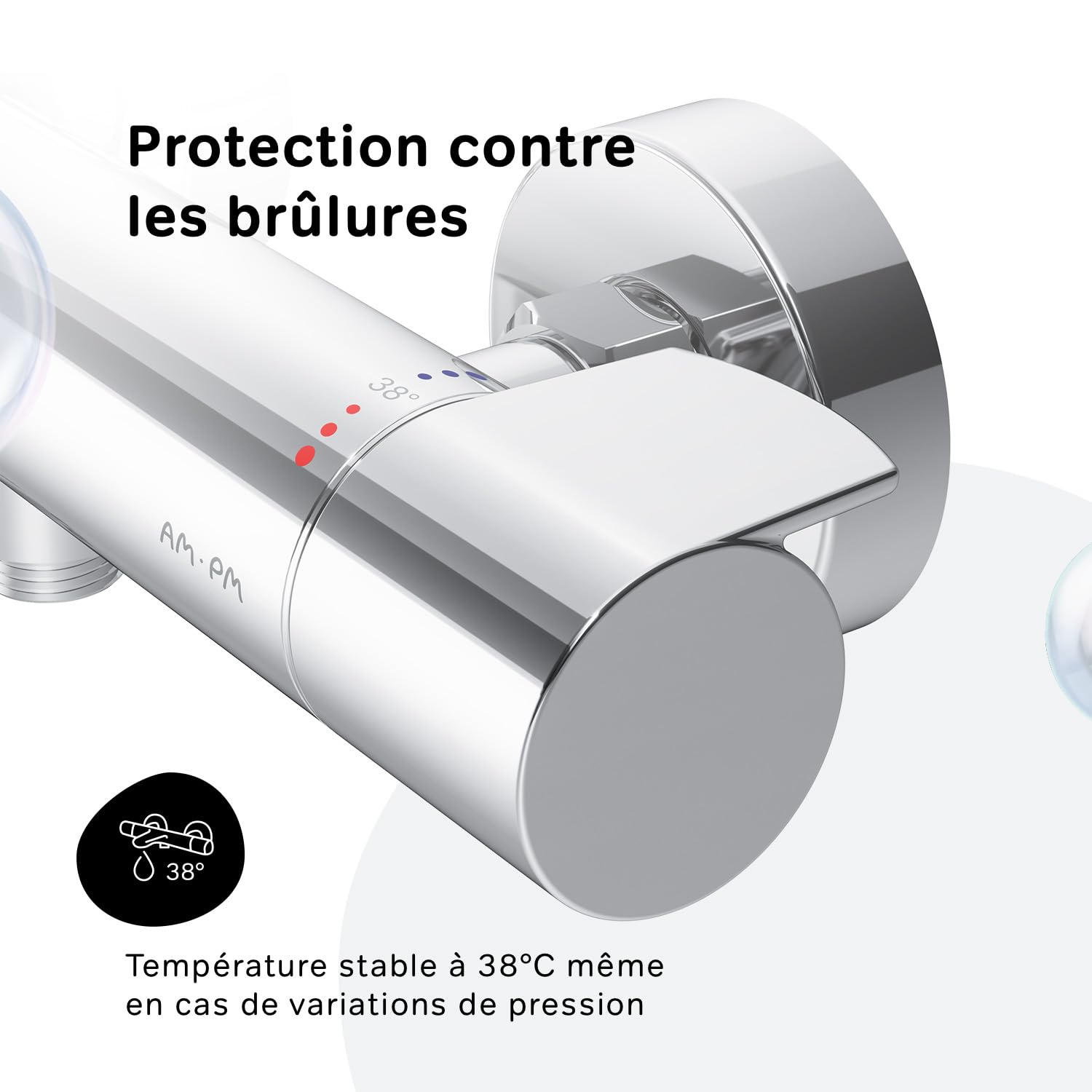 AM.PM X-Joy FXA40000 – Mitigeur Douche Thermostatique 1 Sortie Chromé, Robinet Salle de Bain avec SafeStop à 38 °C, Mitigeur Douche Réglable, Design Durable