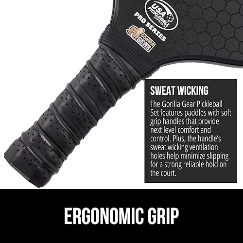 Miniatura 6 de Gorilla Gear USAPA Approved Pickleball Starter Set, Fiberglass Paddles with Bag and Balls, Indoor Outdoor Court Use, Comfortable Racket Grip, Negro