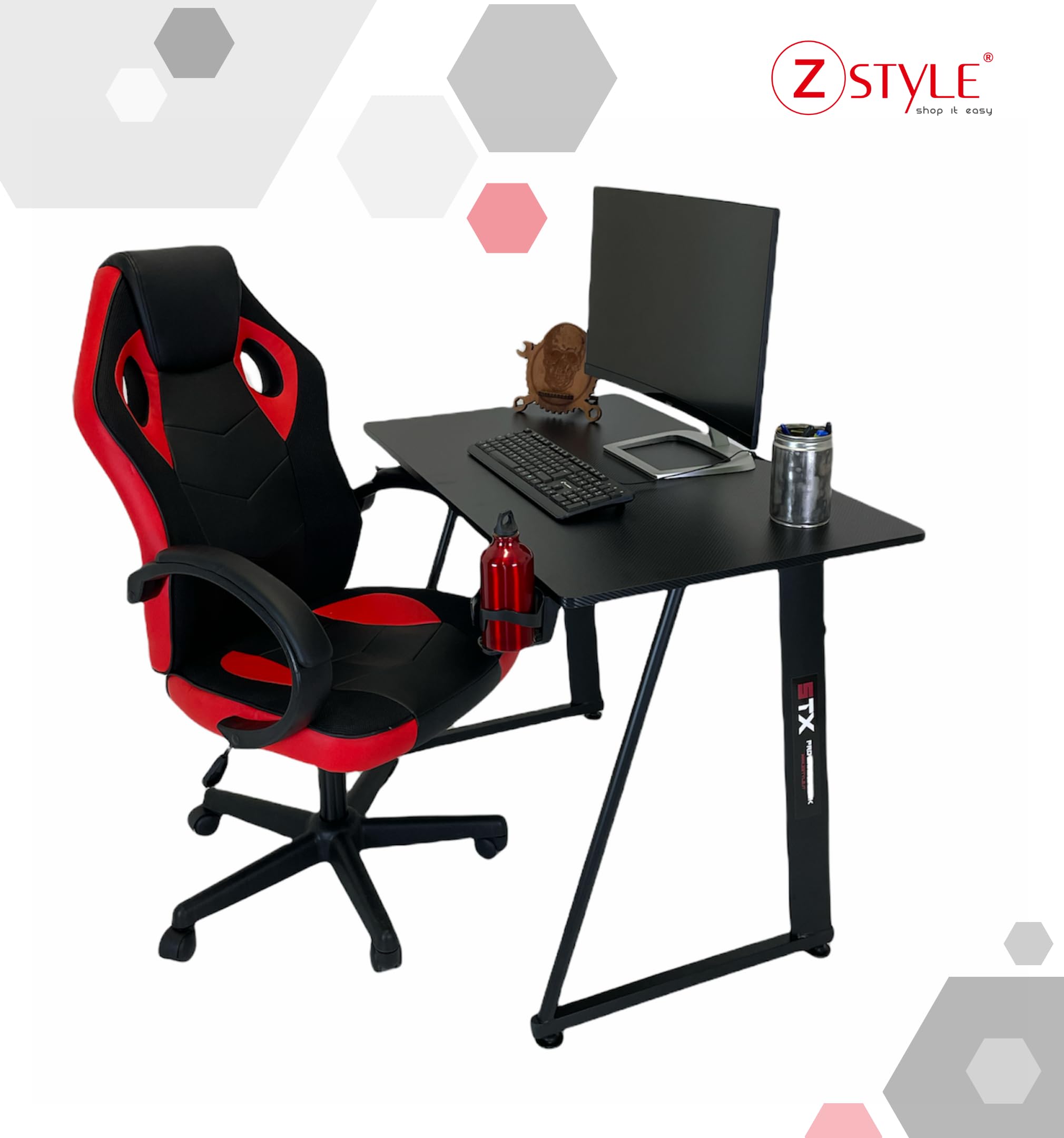 ZStyle Tavolo scrivania da Gaming Desk Postazione Computer Carbonio porta Cuffie Portabicchiere Laptop da Gioco Gestione Cavi Ergonomica Gamer (S)