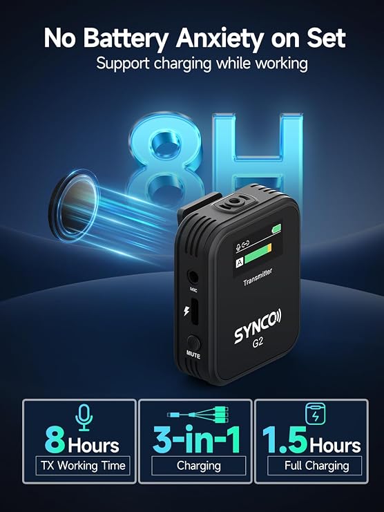 SYNCO G2(A2) Wireless Lavalier Microphone with 48KHz 24Bit Noise Reduction 656FT Range Camera Microphone for DSLR/iPhone/Android/Laptop, Lapel Mic for Vlogging Streaming YouTube