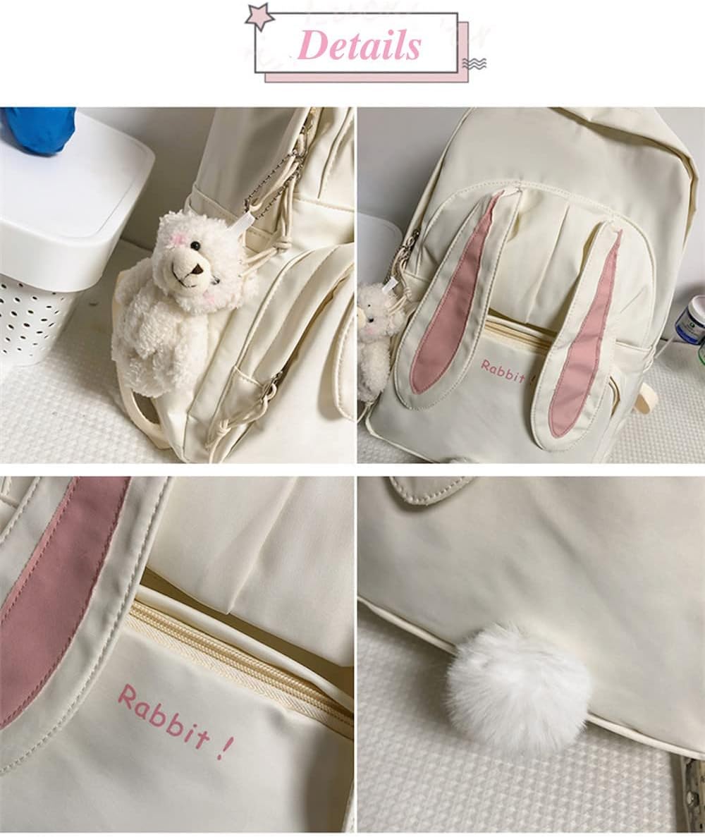 JHTPSLR Kawaii Bunny Ears Backpack Cute Japanese Bunny Ears Backpack Kawaii Preppy Backpack Kawaii Book Bags Backpack Supplies (White)