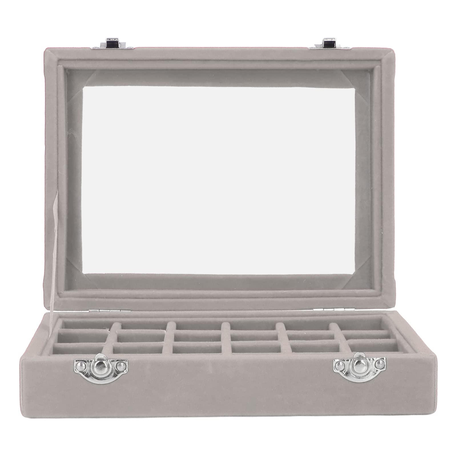 Jelquix Small Velvet Jewelry Box Organizer with 24 Compartments Elegant Storage Case for Jewelry and Accessories Velvet and Glass (Gray)