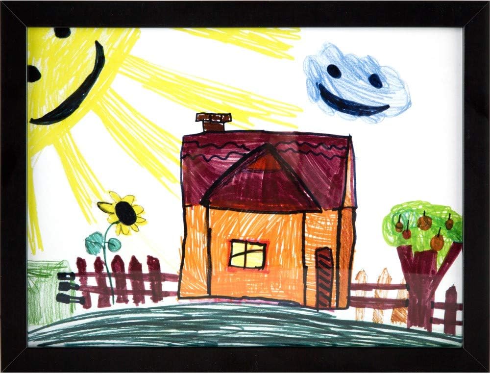 RAS Kids Art Frame - Boxed Style Wide Frame Edge Construction Paper Removable Acrylic Pane Cardboard Backing with Hooks - [Black - 9x12"]