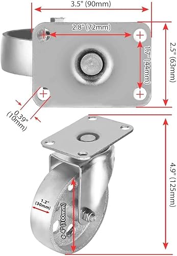 Miniatura 2 de 4 ruedas giratorias de acero con placa giratoria de acero de alta resistencia gris (4" ruedas giratorias de metal gris - sin freno)