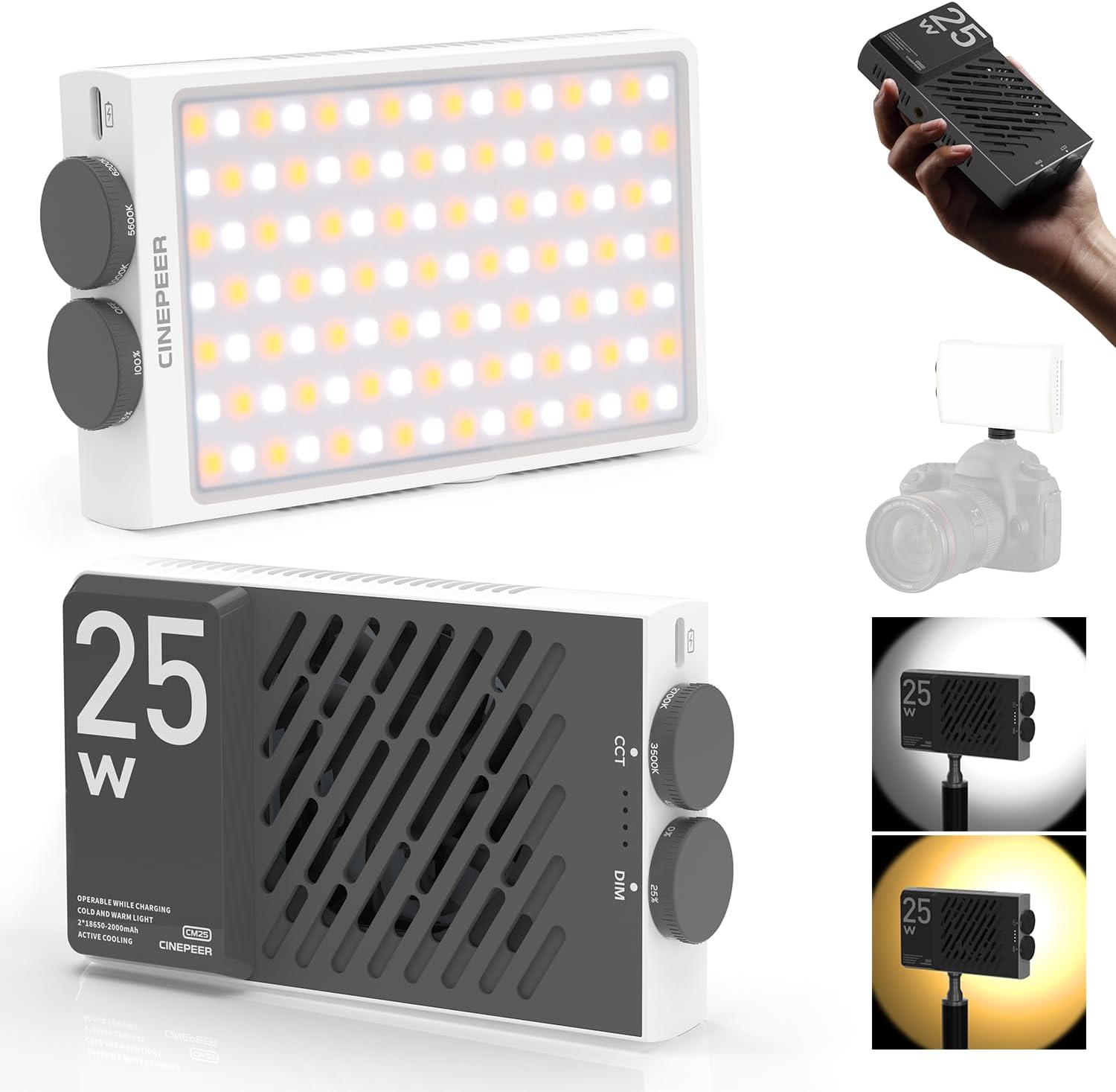 ZHIYUN CINEPEER CM25 25W LED Video Light, Pocket-Sized Mini Portable Photography Light on Camera, Dimmable 2700K-6200K, Built-in 2 * 2000mAh Rechargeable Batteries, PD Charging/Vlog/Photo