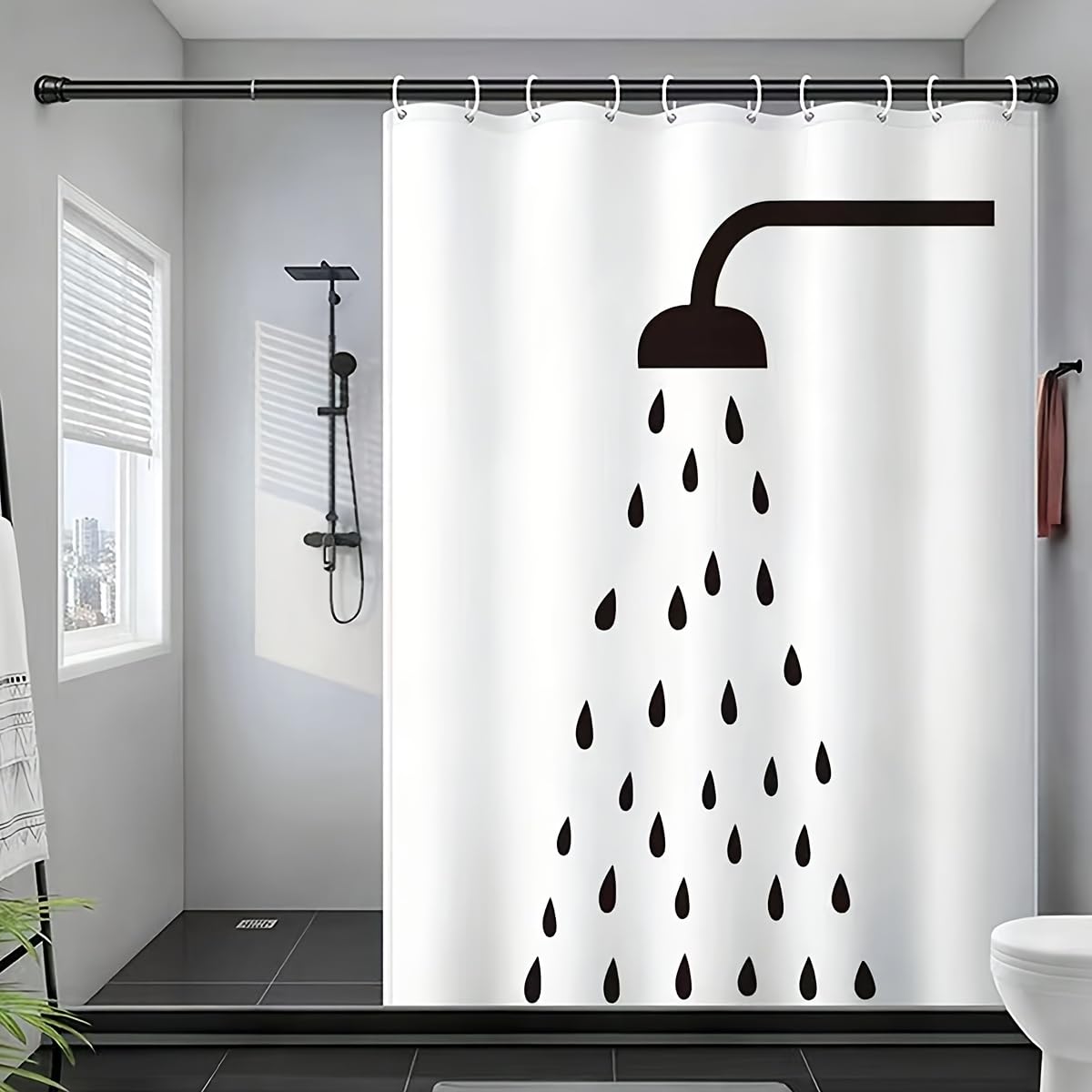 AJALGZ Black and White Bathroom Curtain with Digital Print, Shower Head and Water Droplets Pattern Shower Curtain(80x190cm/Mould Proof)