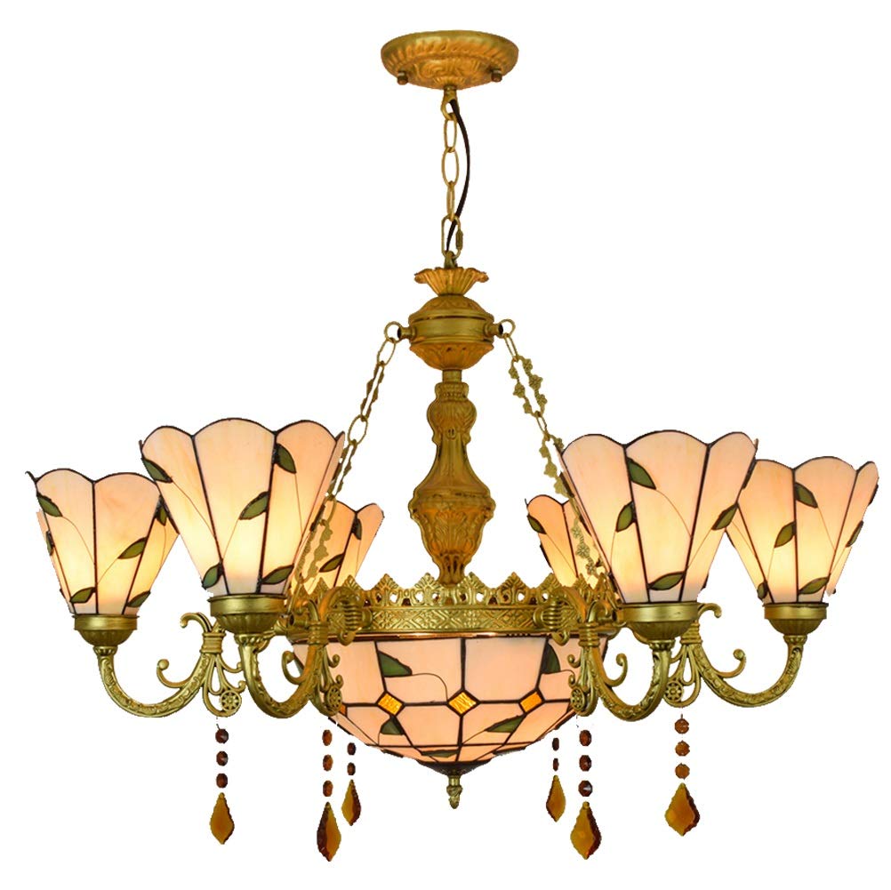 HJRegaFimu Ceiling Pendant Light 32 Inch Simple Leafy Lamp Stained Glass Shade 6 Arm Chandelier With 12 Inverted For Lobby Living Room