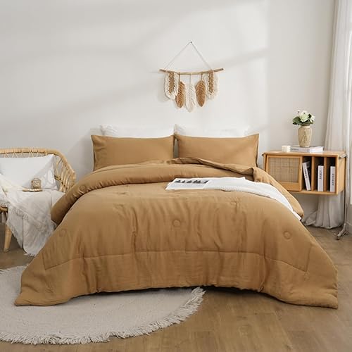 Miniatura 2 de Merryword Juego de edredón de lino francés tamaño King, juego de ropa de cama de lino natural de color caqui, suave, transpirable, ropa de cama de
