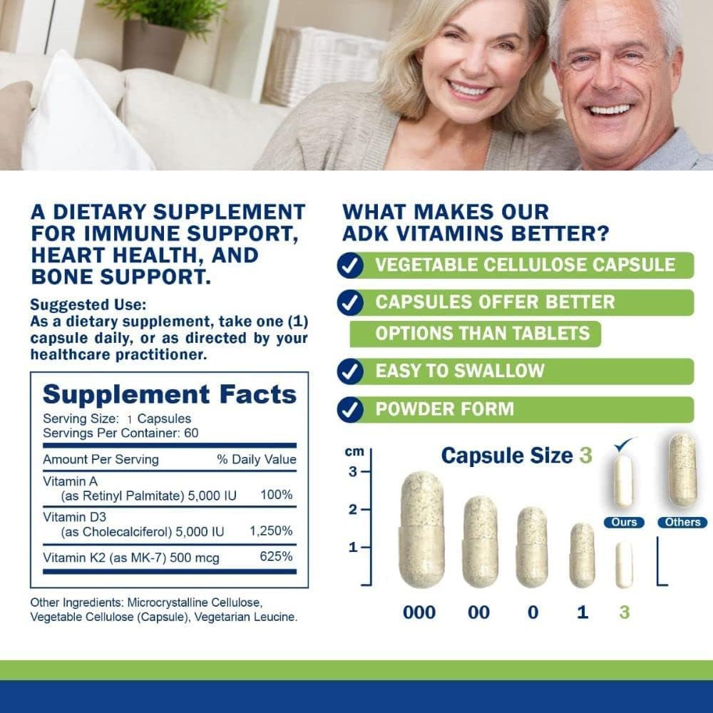 Power By Naturals ADK Vitamin Supplements with Vitamin A, Vitamin D3 5000 iu, and Vitamin K2 as MK-7