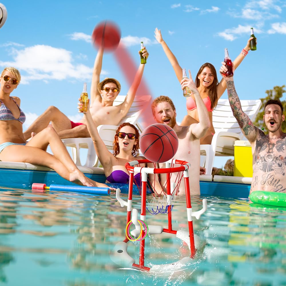 Pool Basketballkorb, Wasser Basketballkorb mit Poolbällen, Wurfringe und Pumpe, Basketballkorb Pools, 1Pool Basketball, 1Pool Spielzeug Kinder und Erwachsene für Draußen Familien Pool Party