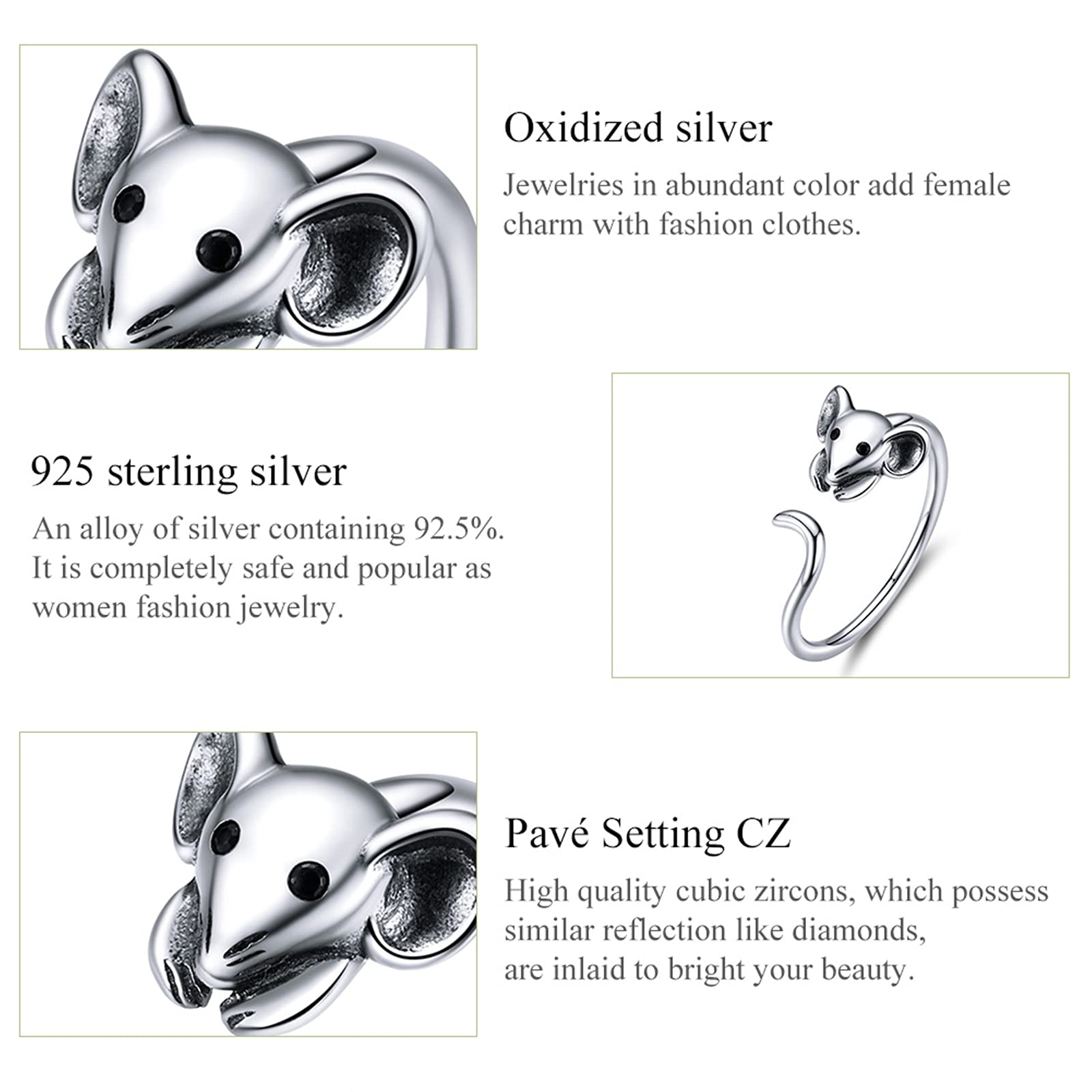 Qings Anillo abierto de plata de ley 925 con diseño de ratón, bonitos anillos ajustables con incrustaciones de circonita cúbica negra para mujeres, adolescentes, niñas, regalo de cumpleaños