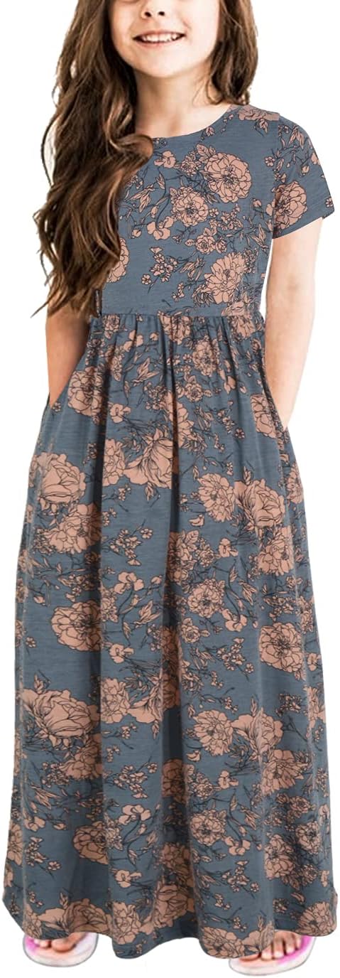 GORLYA Girl's Short Sleeve Floral Print Loose Casual Holiday Long Maxi Dress with Pockets 4-12 Years