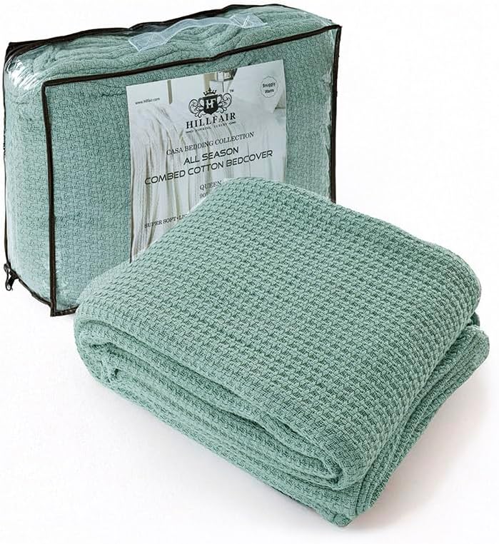 HILLFAIR 100% Combed Cotton Blanket California King Size Bed Blankets Warm Soft All Season Breathable Blankets Extra Large Oversized California King Blanket- Sage Cotton Bed Blankets