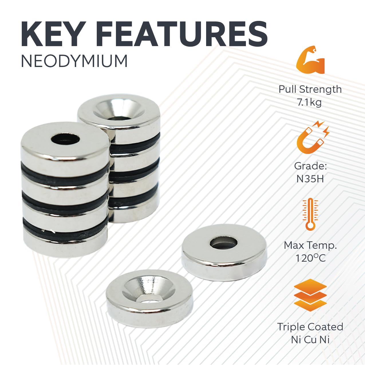 Magnes Expert® 20 mm średnicy x 5 mm grubości x 6 mm c/s magnes neodymowy - 7,1 kg pociągnięcie (południe) (2 sztuki)