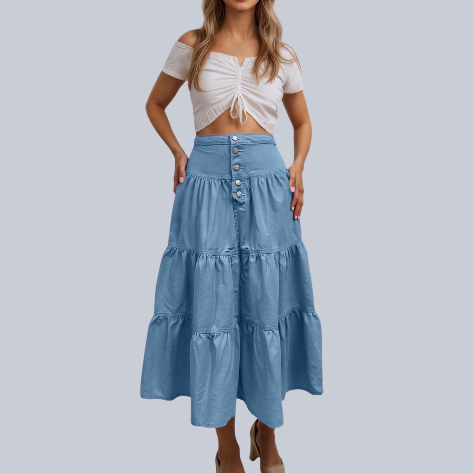 Générique Jupe Longue en Jean pour Femme Taille Haute Fluide à Volants plissée Coupe trapèze Parfaite pour Tenues décontractées Vacances et Style Streetwear