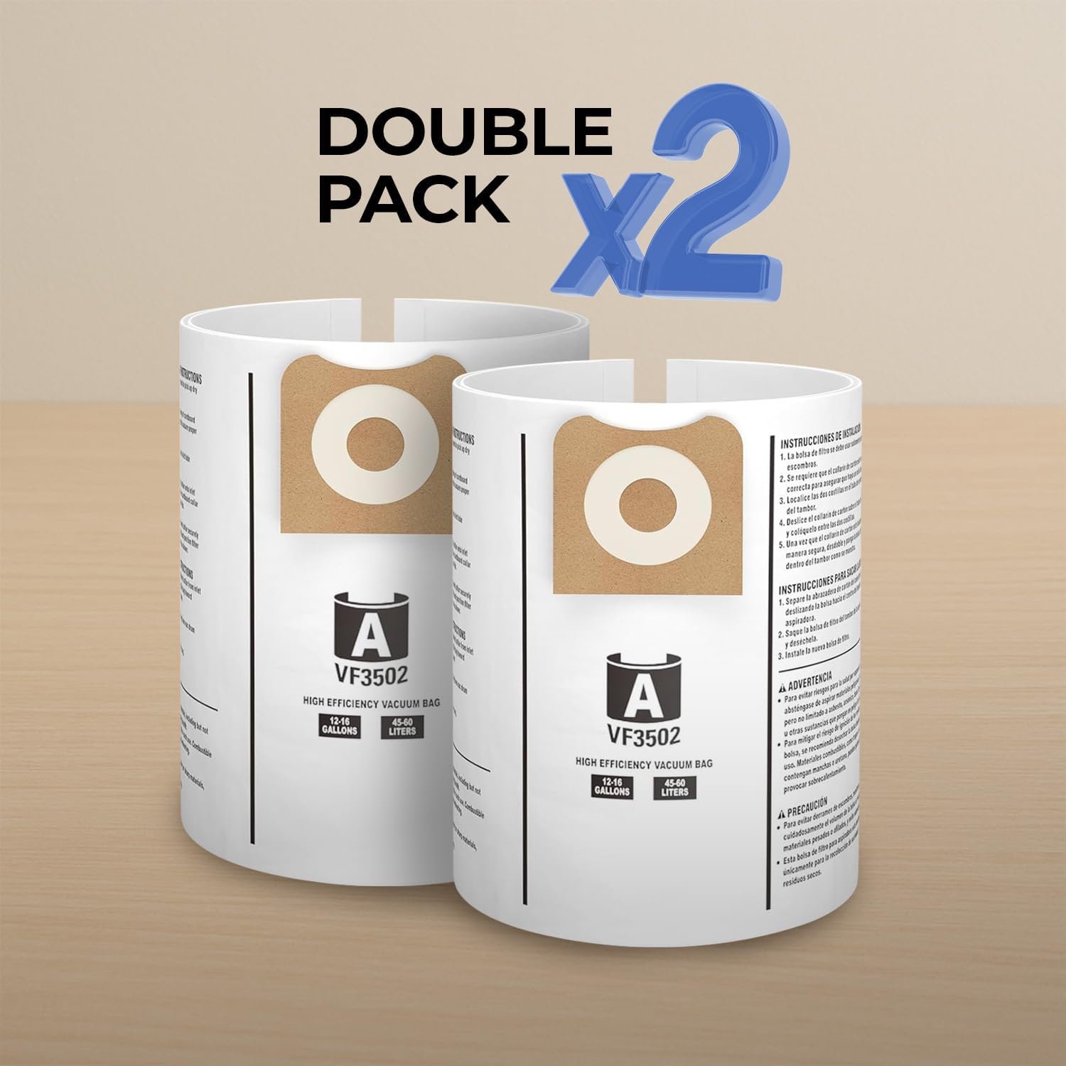 2-Pack Replacement Vacuum Bags Compatible with Ridgid VF3502, VF3501, VF3503, and Craftsman 16 Gallon Shop Vacuums – Wet/Dry Dust Collection – 12 to 16 Gallon Capacity - shop vac bags