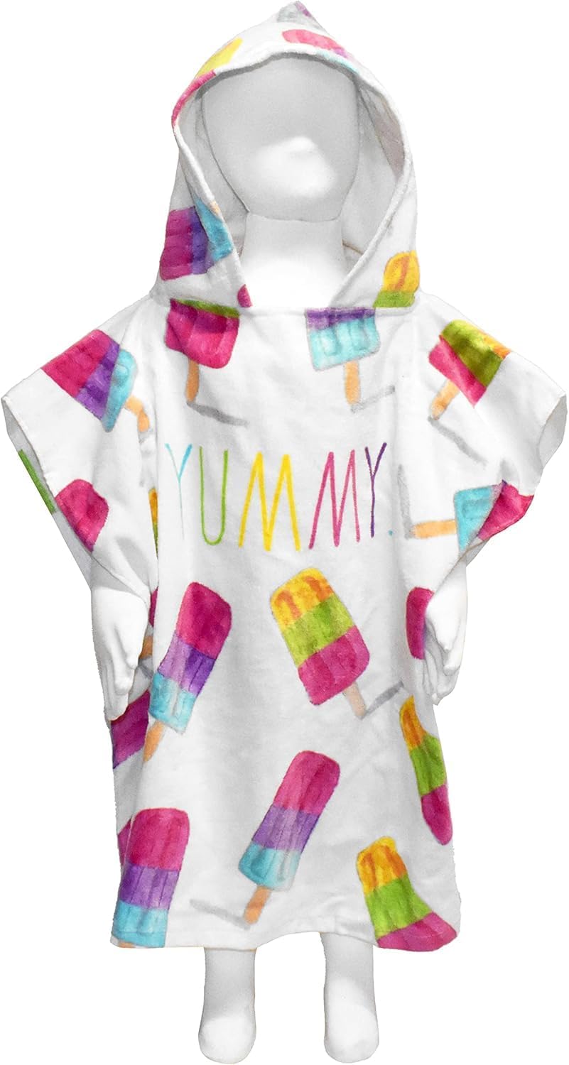 CocoNut Float Rae Dunn Kids Poncho Towel with Colorful 12" Beach Ball- 100% Cotton Hooded Bath Towel with Rainbow Popsicle Graphics, Great for Girls & Boys; Ideal for Pool or Beach Days, Fits 3-10 Yrs