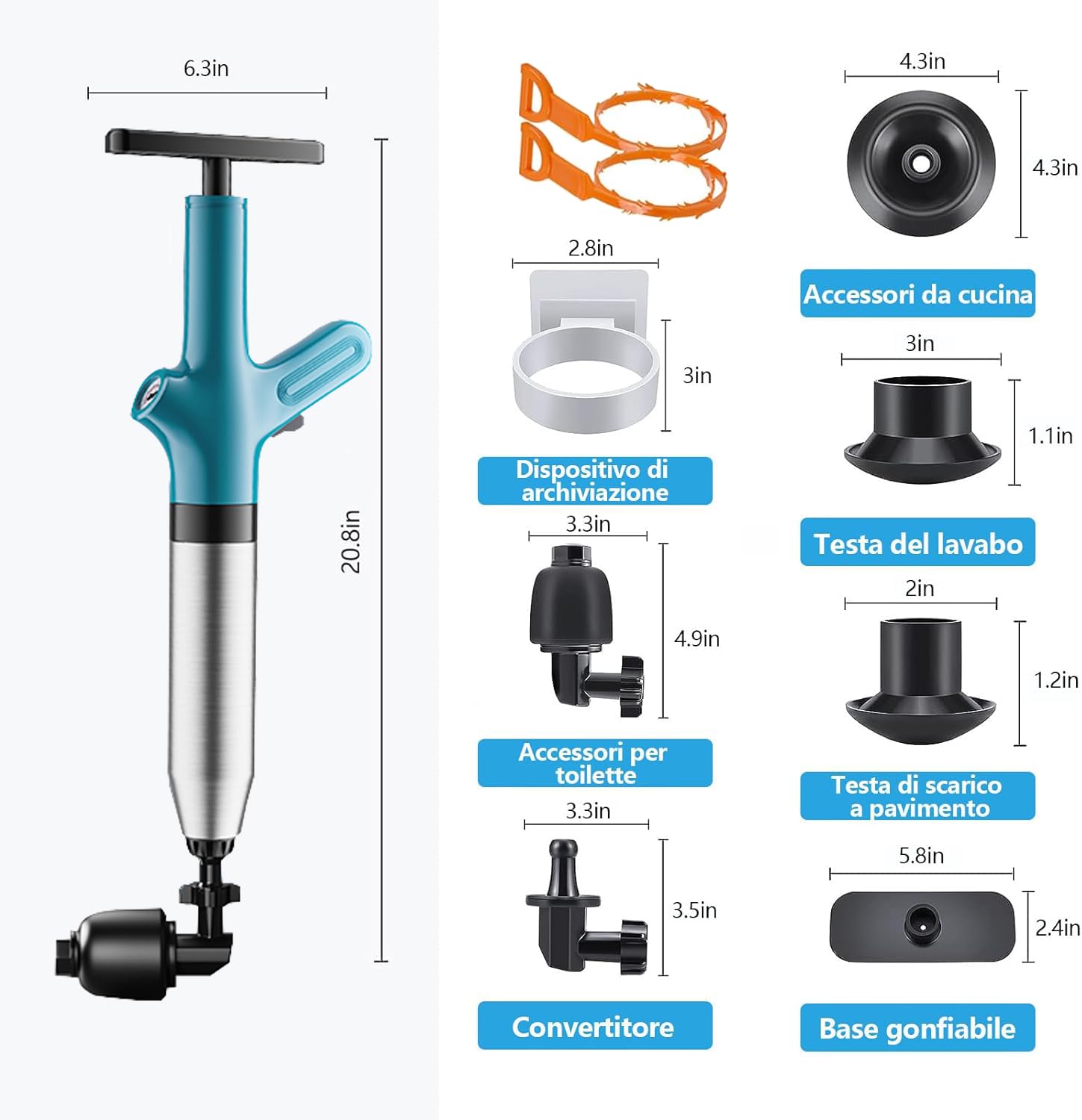 Stura wc,Pompa stura scarichi a pressione, stura lavandini a pressione, stantuffo per WC, stura lavandini e scarichi a pressione,sblocco lavandino da cucina e bagni/bidet (BA)