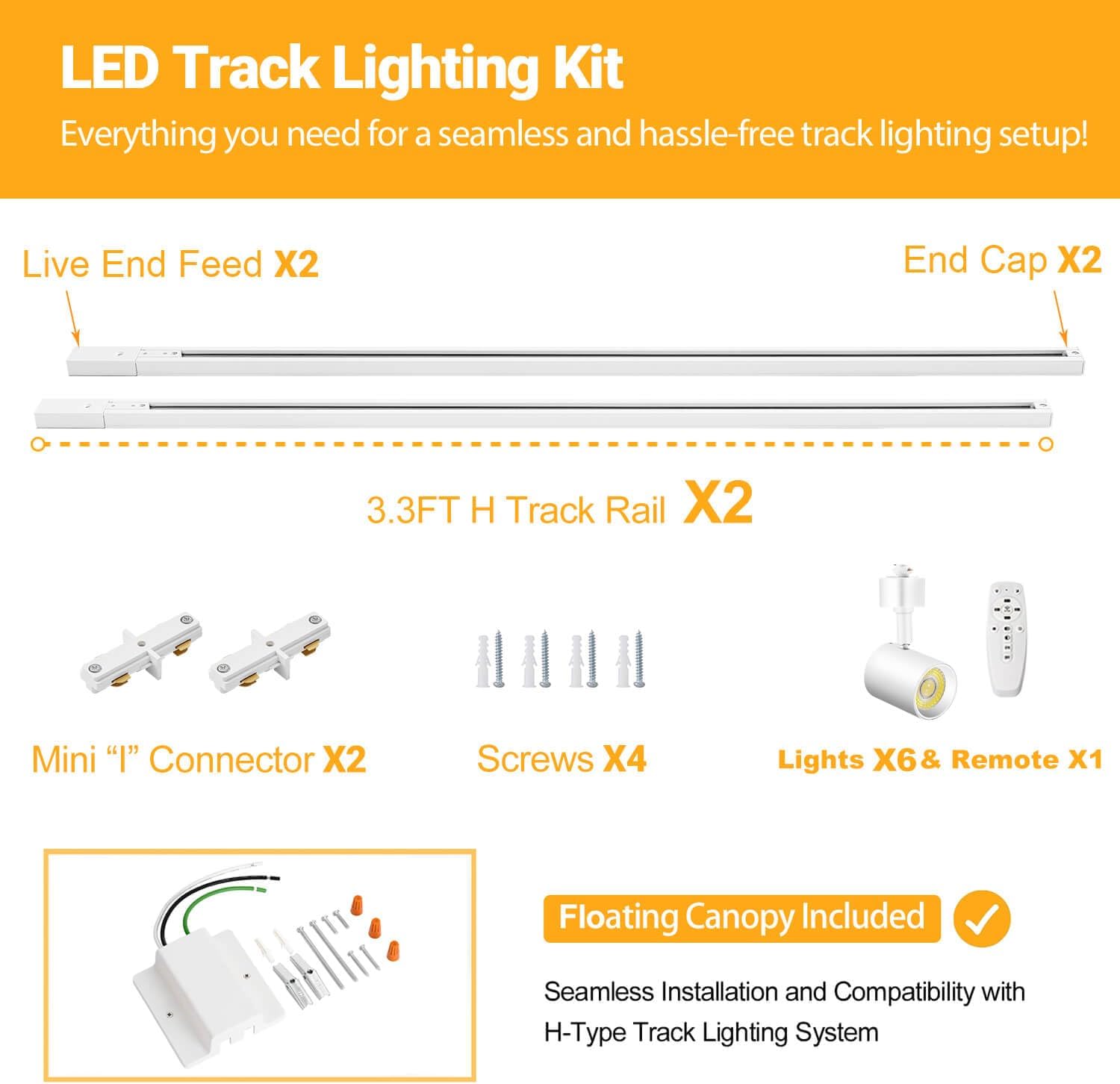 6 Lights Remote Control LED Track Lighting Kit with 6.6FT H Type Track Lighting Rails & Floating Canopy Connector, Modern Kitchen Ceiling Light Fixture Dimmable, 2700K - 6000K, 10W 800lm White