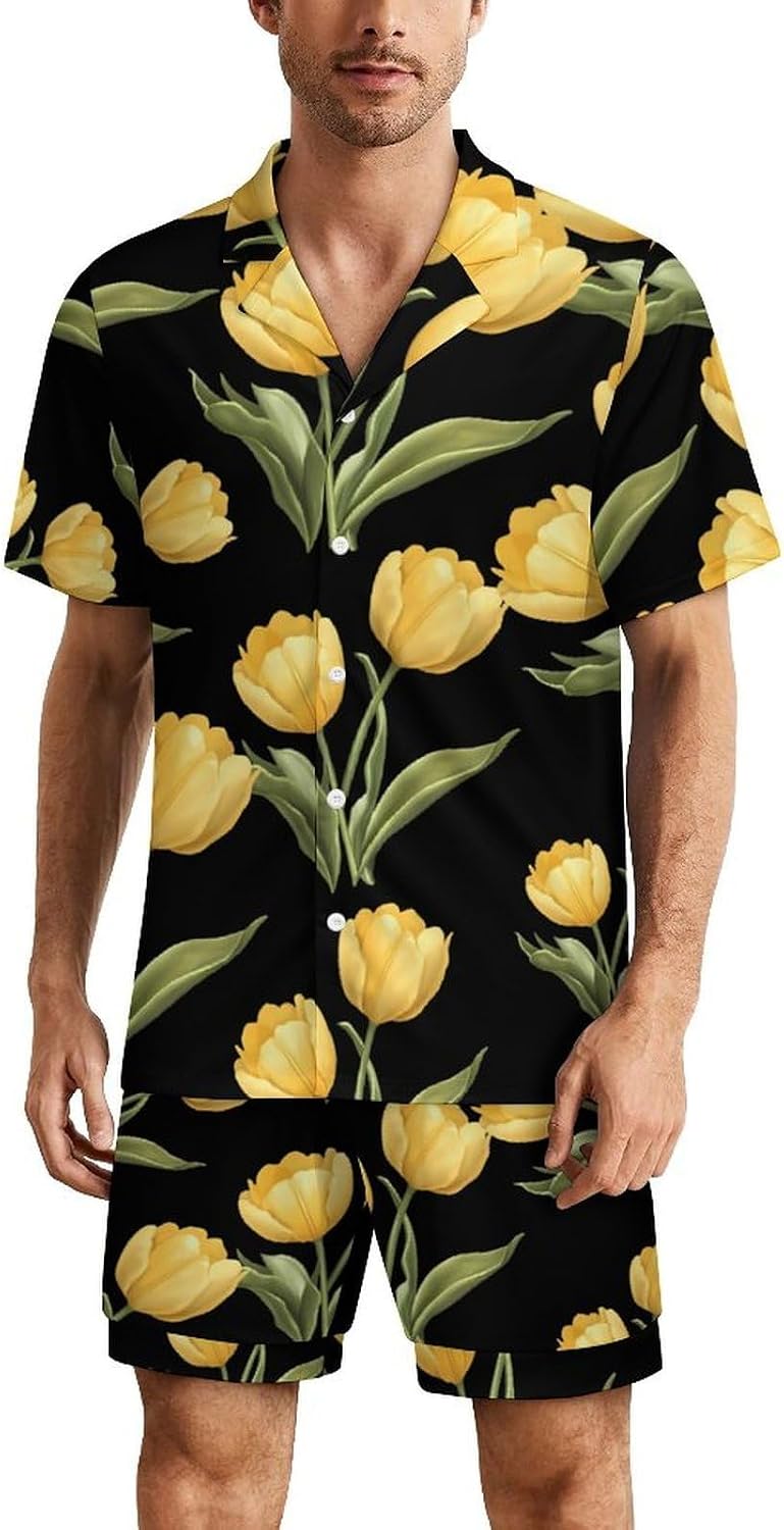 Yellow Tulips Men's Short Sleeve Pajama Set Satin Silk Like Lounge Sleepwear