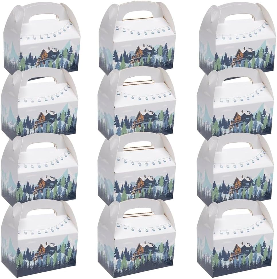 Ski Chalet in the Mountains Cardstock Favor Boxes - 6.25" x 5.25" (Pack of 12) - Perfect Party Supplies for Ski-Themed Parties, Winter Celebrations, and Alpine Events