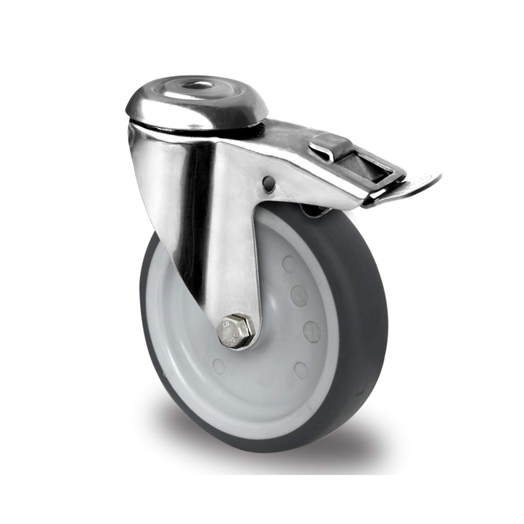 Satz Edelstahlrolle 100 mm Gummi grau spurlos Rückenloch mit ohne Bremse V2A INOX Transportrolle Apparaterolle aus Edelstahl