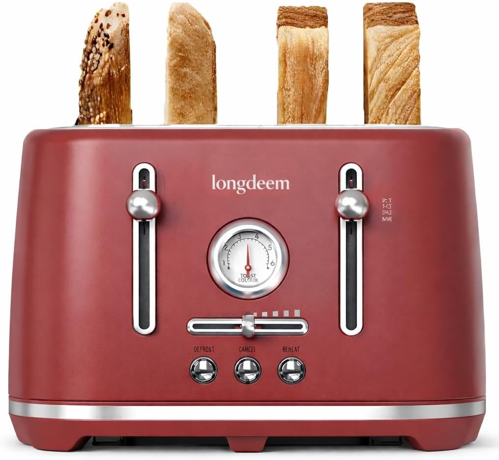 LONGDEEM 4 Slice Retro Stainless Steel Toaster – Extra Wide 1.6” Slots, 6 Browning Levels, Bagel & Defrost Functions, Removable Crumb Trays, Cool Touch, Countertop Toaster for Small Spaces, Red