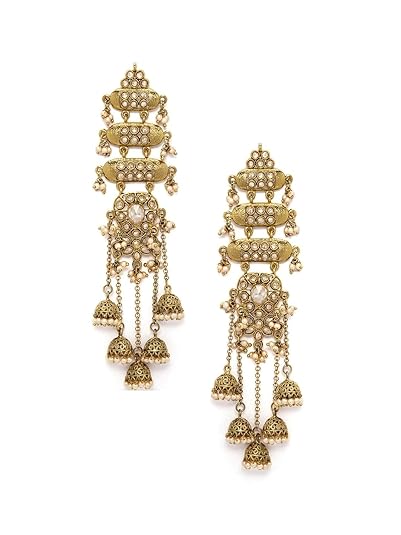 Rubans Women's & Girl's 22K Gold-Plated Antique Gold Tone Jhumka Shoulder Duster Earrings with Pearl Accents : Amazon.in: Fashion