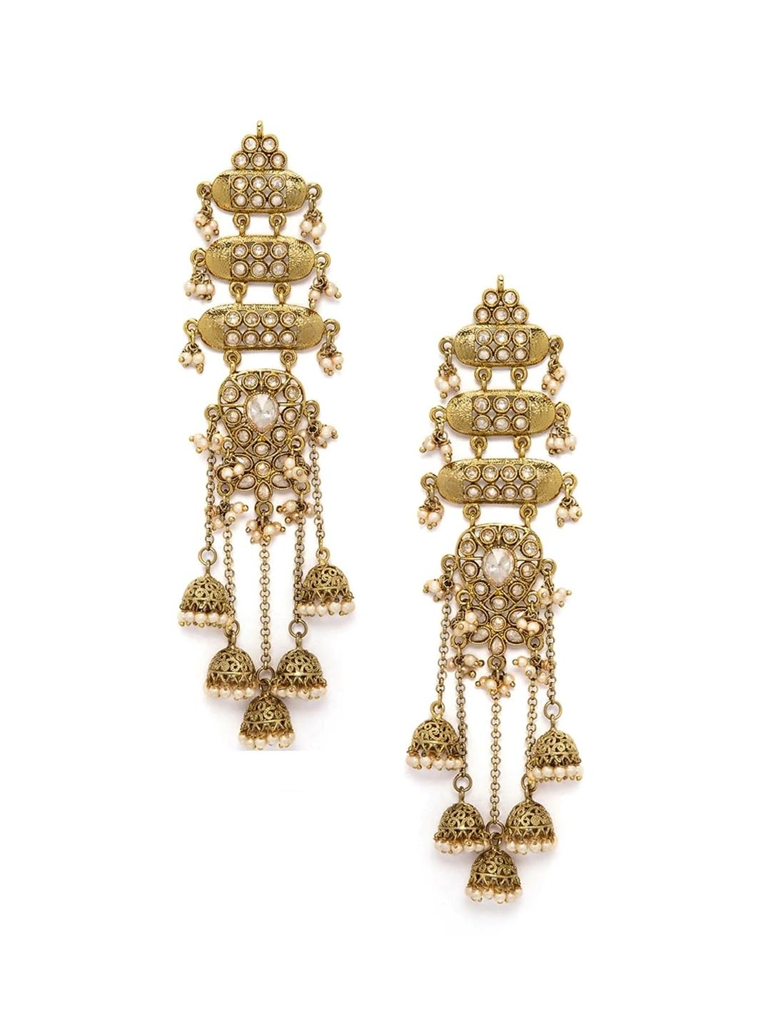 Women's & Girl's 22K Gold-Plated Antique Gold Tone Jhumka Shoulder Duster Earrings with Pearl Accents