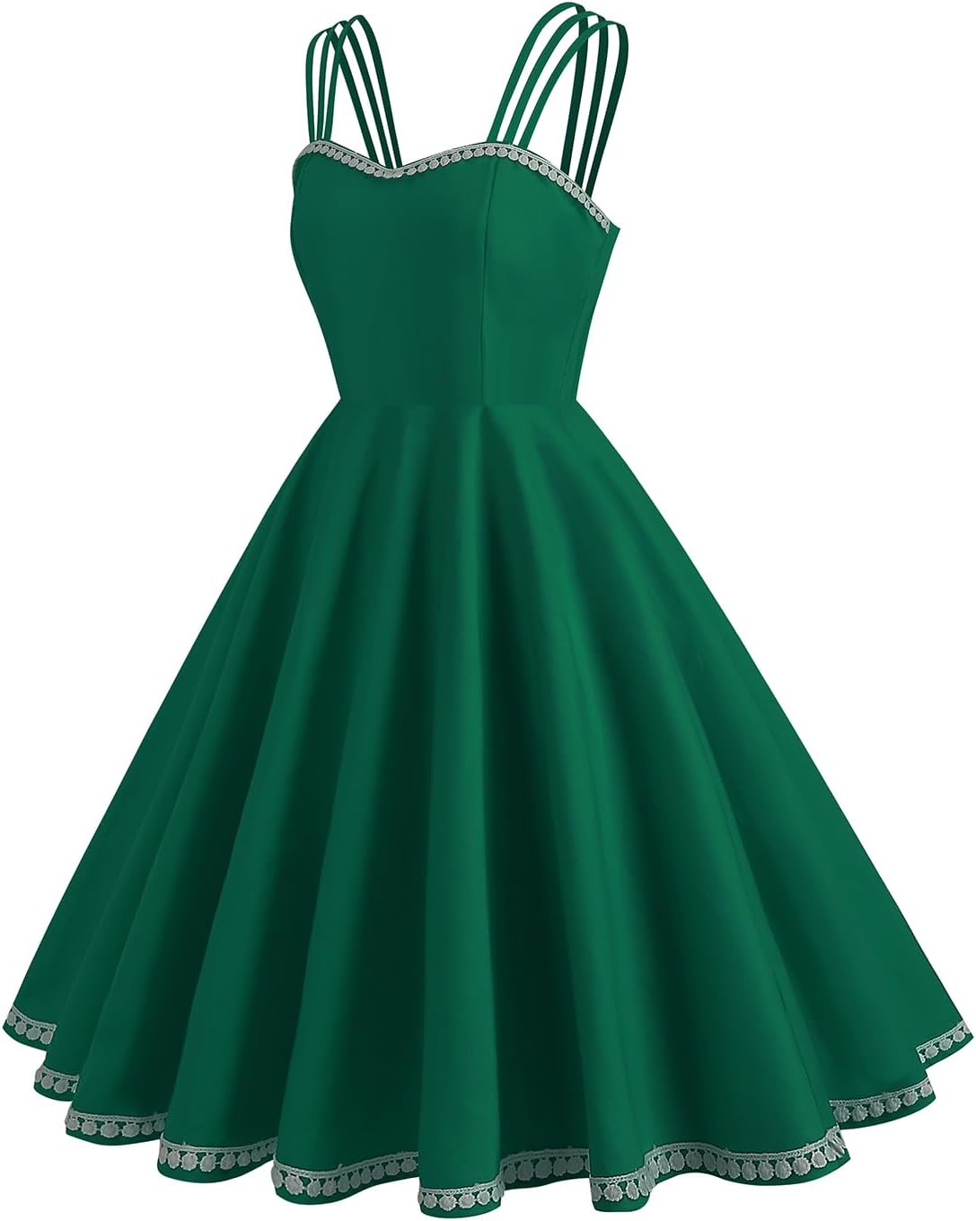Cami Spaghetti Strap Dresses for Women Vintage 1950s Dress Retro Cocktail Party Swing Dresses Lace Pom Pom Vintage Sweetheart Dress Knee Length Audrey Hepburn Style Rockabilly Dresses Emerald Green XL - Image 3