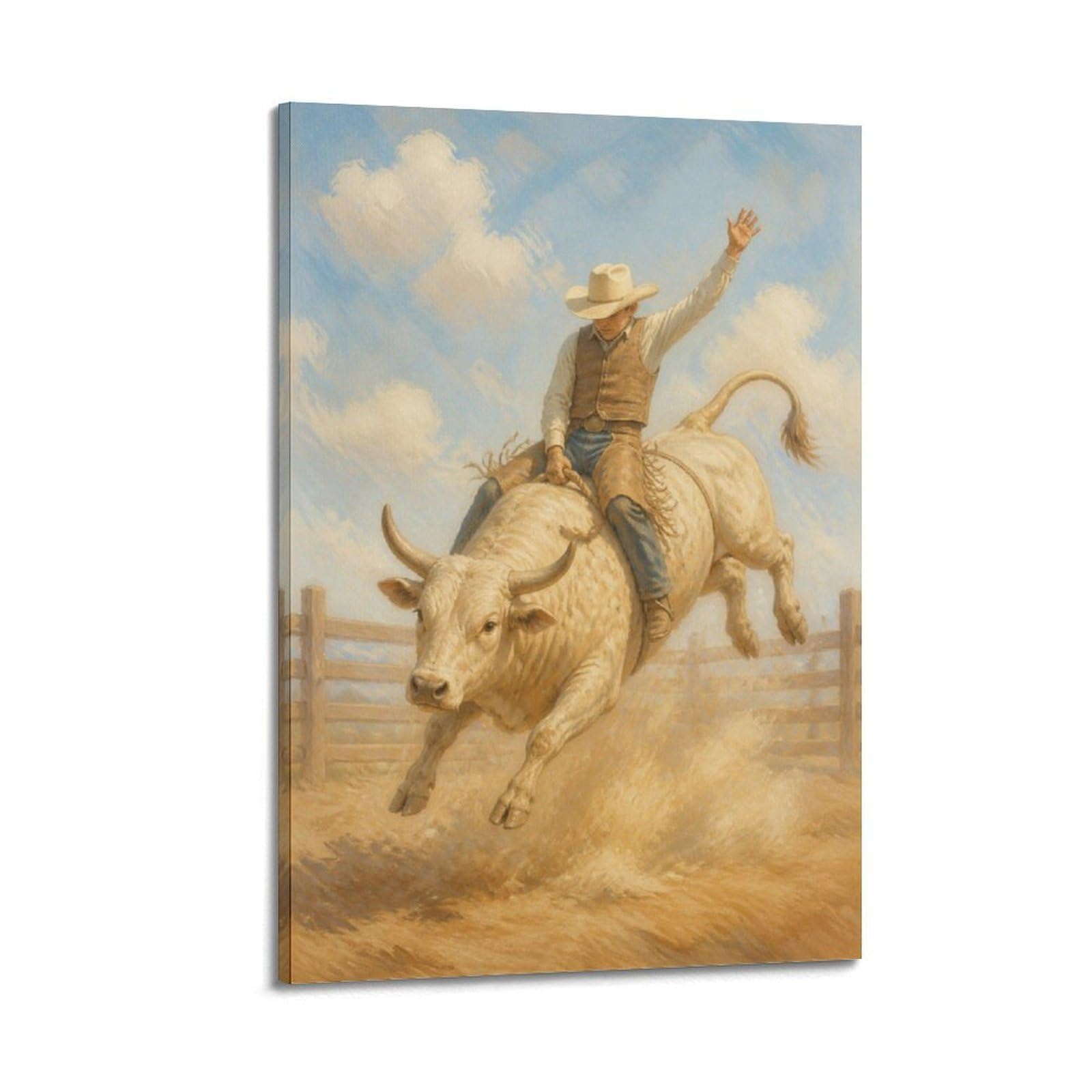OKAHYS Pastel Country Rodeo Bull Riding Poster Vintage Rustic Cowboy Modern Decorative Canvas Prints - Ideal Wall Art for Family, Man Cave, Game Room, Boys & Girls Bedroom 24x36inch(60x90cm)