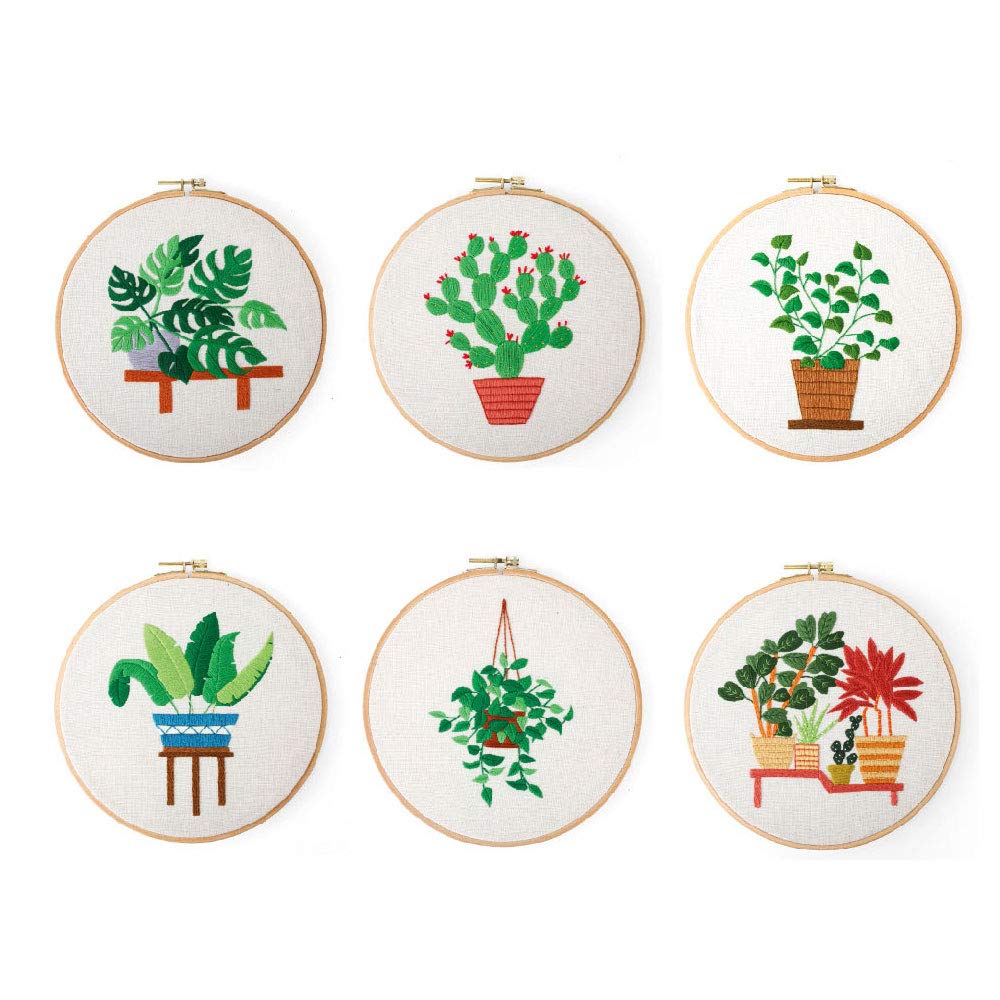 Oncpcare 3 Pack Embroidery Starter Kit with Pattern, Full Set of Hand-Made Stamped Embroidery Kits, Cross Stitch Kits for Beginners (Plants)