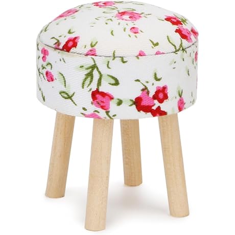 Dollhouse Stool Miniature Round Upholstered 1:12 Scale Wooden Stool Ornament Dollhouse Furnishing...