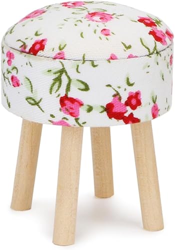 Miniatura 8 de Taburete de casa de muñecas en miniatura, redondo, tapizado, a escala 112, taburete de madera, adorno para casa de muñecas, accesorios de decoración