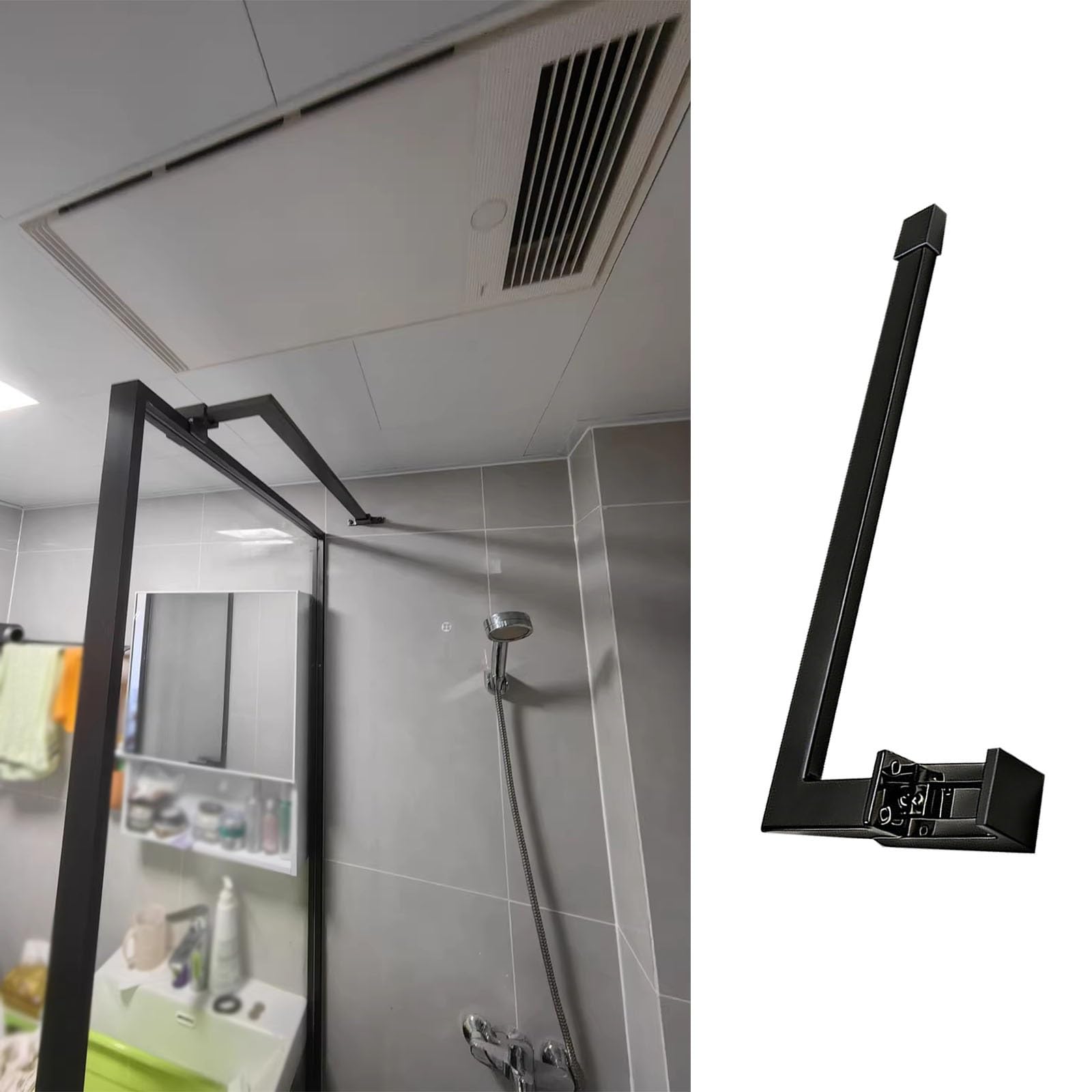 NMKSYX Square Shower Stabilizer Rod, Fixed Glass Clamp Support Bar For Frameless Shower Doors, Reliably 304 Stainless Steel Stabilizing Bar For 6-12mm Glass Panel(Black,100cm(39 2/5"))