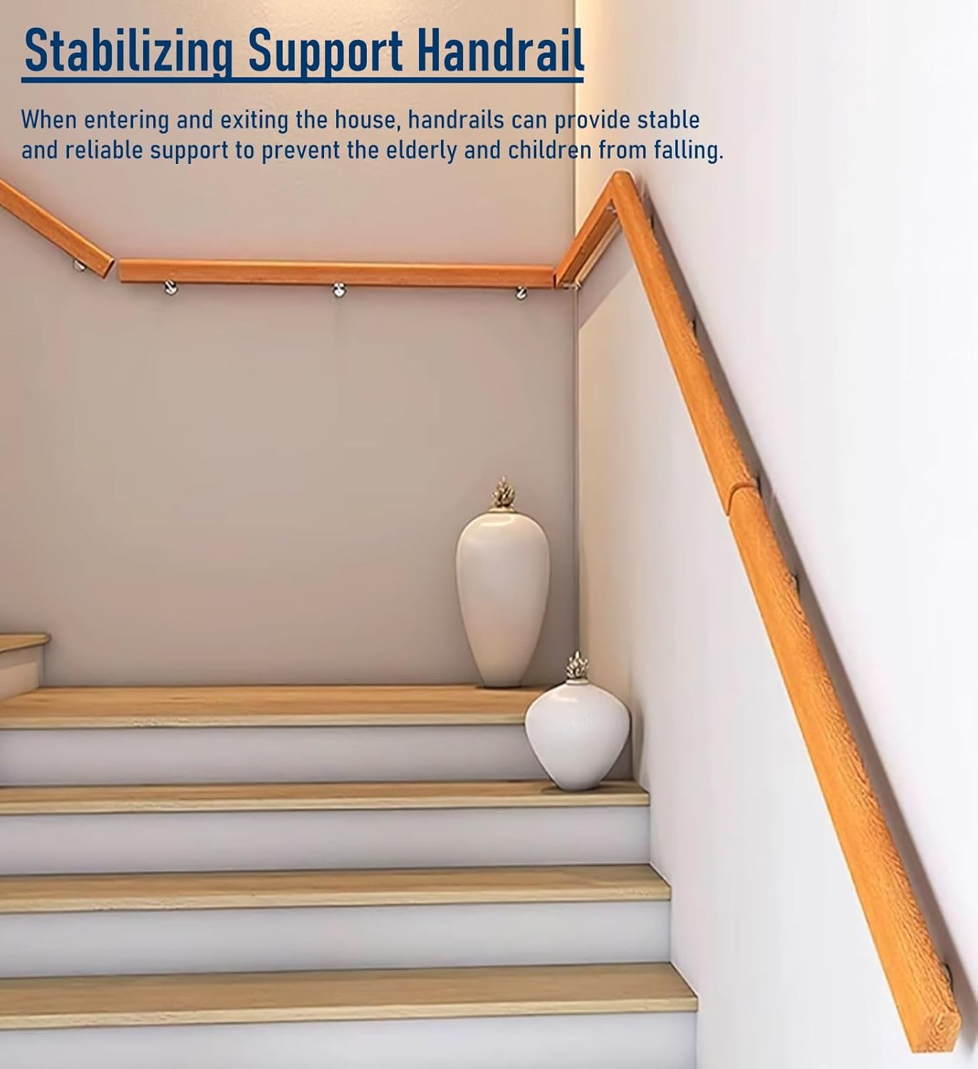 Wooden Staircase Handrail with Brackets & Screws 3ft-14ft Indoor Wall-Mount Railing Non-Slip Grab Bar for Stairs Rounded Design Durable & Safe Support