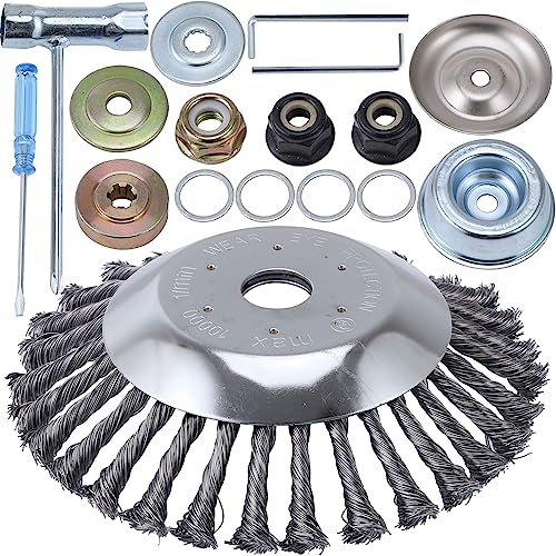 PLAXNS Cortador de cepillo de alambre de acero giratorio de 8 pulgadas con kit de adaptador universal compatible con Stihl, Husqvarna, recortadoras de cuerdas, cortacésped de jardinería, eliminación