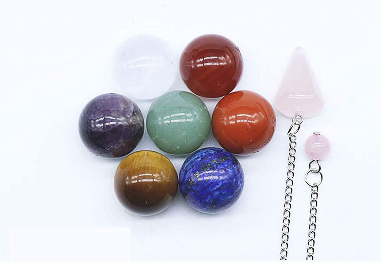 Juego de esferas de Bolas de Cristal de curación Natural - Esferas de Cristal de 7 Chakras y Péndulo de Cuarzo Rosa - Piedras de Chakra caídas para Reiki, Sanación Energética, Meditación