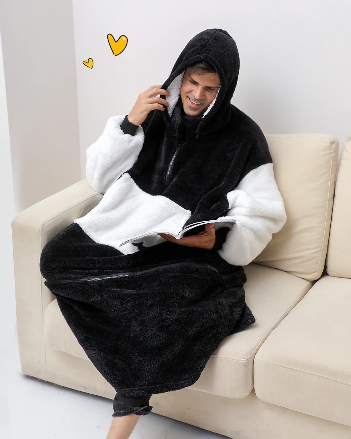 Argstar Coperta con Maniche Oversize Cappuccio da Donna e Uomo, Coperta Portatile Sherpa per Adulti Comoda Calda Felpa Cappuccio con Tasca Profonda Manica Elastica (Nero Ispessito Allungato)