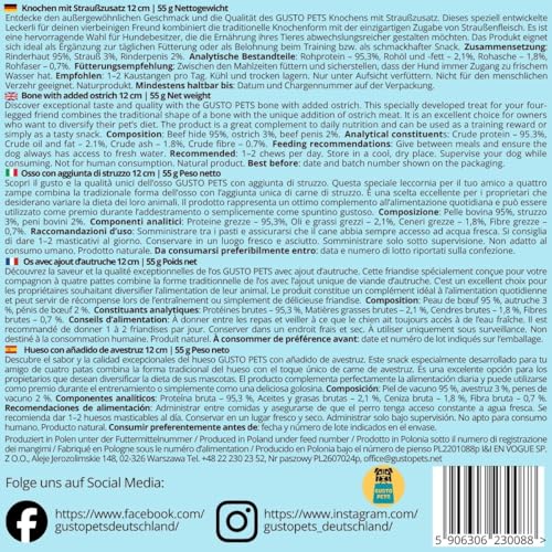 GUSTO PETS Kauknochen für Hund mit Strauß 12 cm - 100% Natürlicher Hundeknochen, leicht verdaulicher Protein-Snack, Ergänzungsfuttermittel für Hunde, ohne Zusatzstoffe, Hergestellt in der EU
